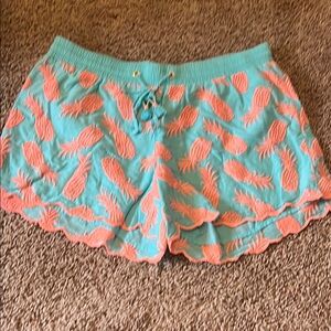 Turquoise Shorts with Coral Pineapple Pattern